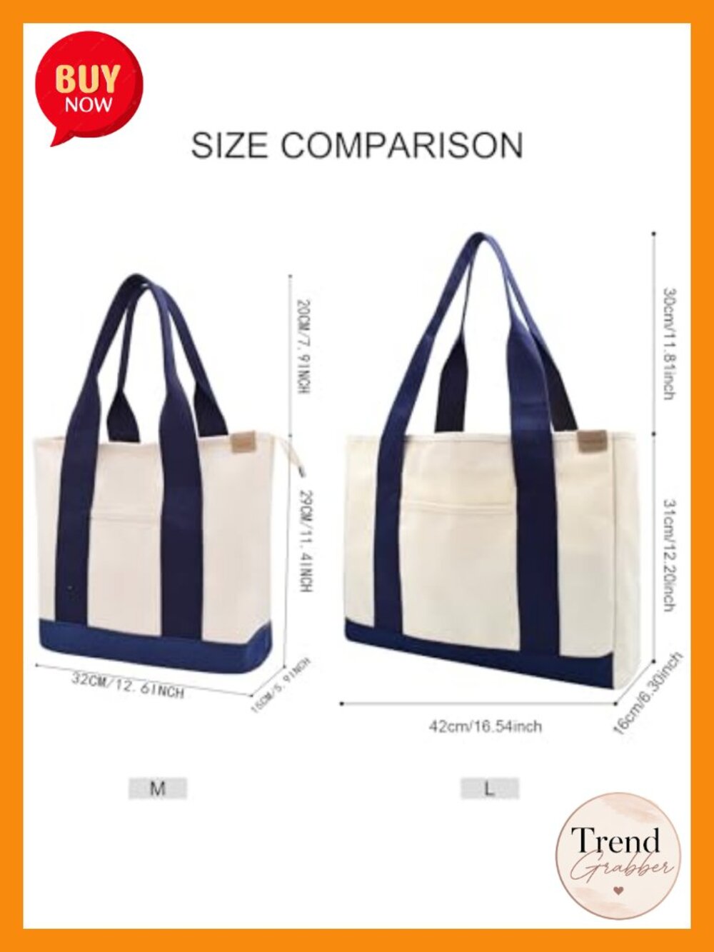 16oz Canvas Tote Bag Large Capacity Shopping Shoulder Bag with Pockets - Picture 2 of 6